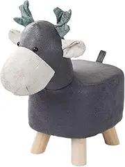 SOGA Grey Children Bench Deer Character Round Ottoman Stool Soft Small Comfy Seat Home Decor
