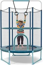 HONEY JOY 60'' Trampoline for Kids, 5FT Toddler Trampoline with Gymnastic Bar & Rings, Foamed Handle, Heightened Safety Enclosure Net, No Gap Design, Indoor Outdoor Recreational Trampoline, Blue