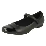 Clarks 'Scala Gem Y' Black Leather Mary Jane Hook & Loop Bar School Shoes