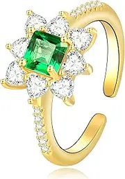 [Tomovely] Women's Gold Ring, Emerald Ring, Women's Diamond Ring 18K Yellow Gold Plated Silver Green Simulated Emerald Women Engagement Ring