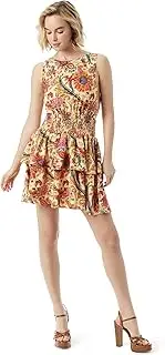 [Jessica Simpson] Women's Illora Smocked Waist Tiered Mini Dress with Back Cut Out Standard, Apricot Sherbert-Pigment Paisleys, Large