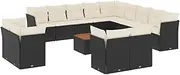 vidaxl 14-Piece Garden Sofa Set with Cushions - Modular Poly Rattan Furniture for Outdoor Patio Terrace - Black & Cream, Storage & Acacia Wood Table