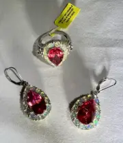 Luxe Pink “sunset” Topaz Welo Opal Ring size 9 + Teardrop Earrings 925 Set NWT