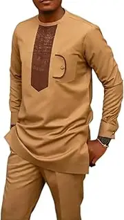 [ElzEy] Men's African Clothing 2 Piece Set Long Sleeve Shirt and Pant Suit Traditional Printed Dashiki Tribal Outfit