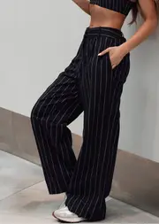 [Lorna Jane] Retro Suit Pants in Print, Size - XL XL Midnight Blue Pinstripe