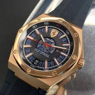 FERRARI手錶, 男錶 44mm 玫瑰金八角形精鋼錶殼 黑色時分秒中三針顯示, 運動錶面款 FE00038