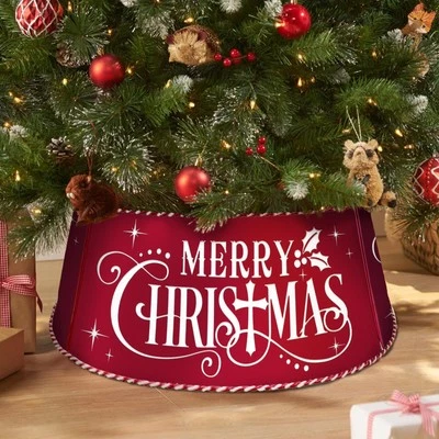 Metal Christmas Tree Collar, Mini Red White Tree Ring Holiday Decor 23 Inch D...