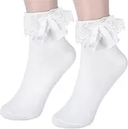 [Tyqour] White Ruffle Frilly Socks Women, Lace Socks for Women Ankle Ruffle, 1 Pair Lolita Vintage Style, Soft Polyester, Comfortable and Breathable for All Seasons, white, One size