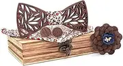 [PHEZEN] Wooden Bow Tie Gift Set for Men, Handmade Natural Wood Bowtie with Square Scarf, Corsage and Cufflinks Wood Box Set Type 1