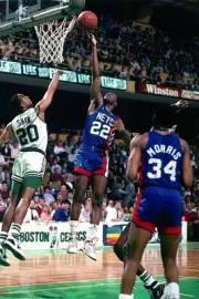 Mike McGee New Jersey Nets shoots a layup v Brian Shaw Boston Celt- Old Photo