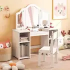 HONEY JOY 2 in 1 Kids Vanity Dressing Table Makeup Desk Chair w/ Tri-fold Mirror