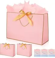 OundarM 3 Pack 43 x 32 x 14CM Extra Large Bow Pink Gold Gift Bags with Greeting Cards＆Tissue Paper, Large Gift Bags for Presents with Handles for Mothers Day Valentines Day Bridesmaid Wedding Birthday