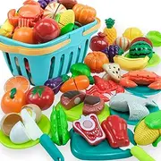 UNITSLYZ Cutting Play Food Toy for Kids Kitchen, Play Kitchen Toys Accessories with Basket, Educational Toys Gift for Kids Boys Girls Ages 3+