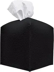 Carrotez Tissue Box Cover, [Refined] Modern PU Leather Square Holder - Decorative Holder/Organizer for Bathroom Vanity Countertop, Night Stands, Office Desk & Car 5"X5"X5" Black