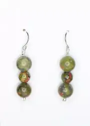 Unakite Green 7, 9mm Ball Natural Gemstone .925 Sterling Silver Earrings 1.50"