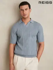 Reiss Airforce Blue Kansas Textured-Stripe Knitted Polo Shirt (AY4959) | $225
