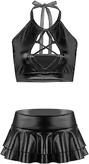 [GRRKDFQ] Women'S Lingerie Halter Neck Crop Top Hollow Out Backless Rise Double Layered Ruffled Skirt