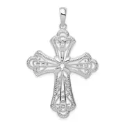 Sterling Silver De-Ani Rhodium-Plated Polished Filigree Bead Edge Fleur De Lis Cross Pendant