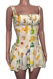 Fashion Nova Pasta Print lined smocked Micro Mini Dress Sundress Vacay Coctail S