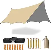 5 x 5 m Large Hammock Tarp Waterproof Tent Tarpaulin Hexagon for Camping, Rain, Picnic - Outdoor Survival Equipment Mat (Without Poles)