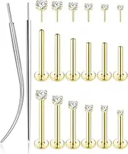 [Tornito] 6 Pairs 18K Gold Plated Push in Nose Studs for Women Men 316L Stainless Steel Threadless Lip Rings CZ Flat Back Stud Earrings Nostril Labret Cartilage Earrings 6/7/7/8/10/12mm 16G 18G 20G