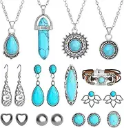 [NEWITIN] 22 Pieces Western Jewelry for Women Turquoise Jewelry Set Include Turquoise Pendant Choker Necklace Leather Cuff Bracelet Turquoise Earring Bohemian Jewelry for Women Girls