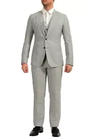 Dolce & Gabbana Men's Gray Linen Striped Three Piece Two Button Suit US 34 IT 44