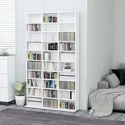 White CD Cabinet with 30 Compartments, Engineered Wood, 102x16x177.5 cm, Media Storage Shelf, Display Rack