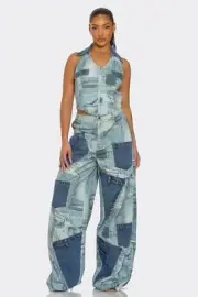 Two-Piece Sleeveless Top & Pants Denim Patchwork Outfit Set From Athina