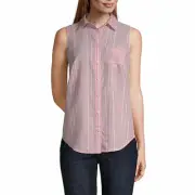 St. John's Bay Women's Sleeveless Button Front Top Size Large Red White Stripe