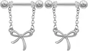[Niaspi] 14G 316L Surgical Steel Nipple Piercing Jewelry Silver Bowknot Chains Dangle Nipple Rings Straight Barbell Nipple Shield Studs Hypoallergenic Body Piercing Jewelry for Women, 14g, Stainless