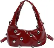 [Generic] Women PU Rivet Shoulder Bag Stylish Crossbody Bag Solid Color Trendy Underarm Bag Adjustable Strap Punk Style Satchel Purse Outdoor Travel Bag