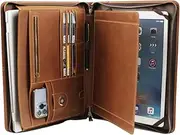 Portfolio Binders - Genuine Leather Padfolio - Business Notebook Organizer w/Zipper and Handle for Resume & Work - Padfolio for Men & Women w/Notepad Fit iPad Pro 12.9" Portfolio with AirTag Holder