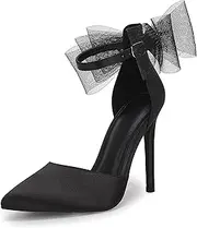 [Coutgo] Womens' Closed Pointed Toe High Heels with Bow Knot Ankle Strap Satin Stiletto Pumps