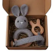 Set of 3 Handmade Baby Crochet Wooden Ring Grey Bunny Rattle Teether and Baby Woven Pacifier Easy Clip Chain with Wooden Bunny Toy Set