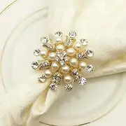 SCTD Napkin Rings Set of 6 - Round Flower Pearls Rhinestone Napkin Buckles Holder for Wedding Party Home Kitchen Dining Table Linen Accessories (Golden New)
