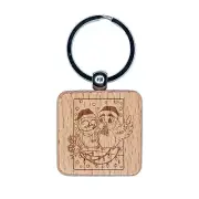 Holiday Christmas Owls with Candy Cane Mistletoe Engraved Wood Square Keychain