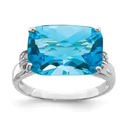 Sterling Silver Rhodium Checker-Cut Blue Topaz u0026 Natural Diamond Gemstone Birthstone Ring Fine Jewelry Gift for Her