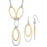 Solid Sterling Silver and Vermeil Polished Drop Necklace and Earring Set - 57"