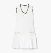 NWT Tory Sport Open Collar V Neck Tennis Dress ~ White Green/Yellow Trim ~ Sz XS