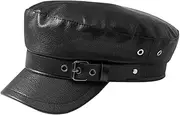 [Generic] Classic PU Captain Hat for Women Stylish Beret with Buckle for Costume Parties and Boating Events Lightweight Breathable and Versatile Design Black