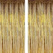 Twinkle Star Photo Booth Backdrop Foil Curtain Tinsel Backdrop Environmental Background for Birthday Party, Wedding, Graduation, Christmas Decorations, 2 Pack Gold