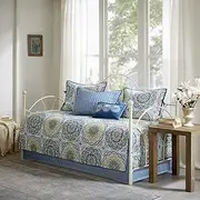 [Madison Park] Daybed Cover Set-Double Sided Quilting Casual Design All Season Bedding with Bedskirt, Matching Shams, Decorative Pillow, 75"x39", Medallion Blue 6 Piece