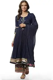 [BIBA] Blue Cotton Anarkali Kurta Palazzo Suit Set, Blue