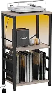 End Table with LED Light,Record Player Stand with Albums Storage,Vinyl Records Storage,Turntable Stand Side Table for Music Room Studio Living Room Bedroom-Greige