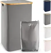 Lonbet - Grey Laundry Hamper with Lid - XL 100 L - Large Hampers for Laundry with Handles - Laundry Baskets with Lid for Bedrooms - Bamboo Bathroom Tall Laundry Bin