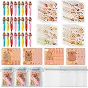 CY2SIDE Capybara Stationery Party Gift - 24 Pack Fun Animal Prizes Set Include 4-in-1 Ballpoint Pens Mini Notebook and Organza Birthday Party Favors Goodie Bag Fillers Stuffer for School Rewards