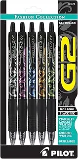 Pilot, G2 Premium Gel Roller Pens, Fine Point 0.7 mm, Fashion Collection, Black, Pack of 5