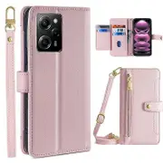 Compatible For Xiaomi Redmi Note 12 Pro Speed 5G / Poco X5 Pro 5G Zipper Pocket Phone Stand Case Card Leather Phone Cover with Str Pink
