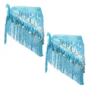 Belly Dance Hip Scarf with Tassels Sequin Coin for Party(Blue, Pack of 2)